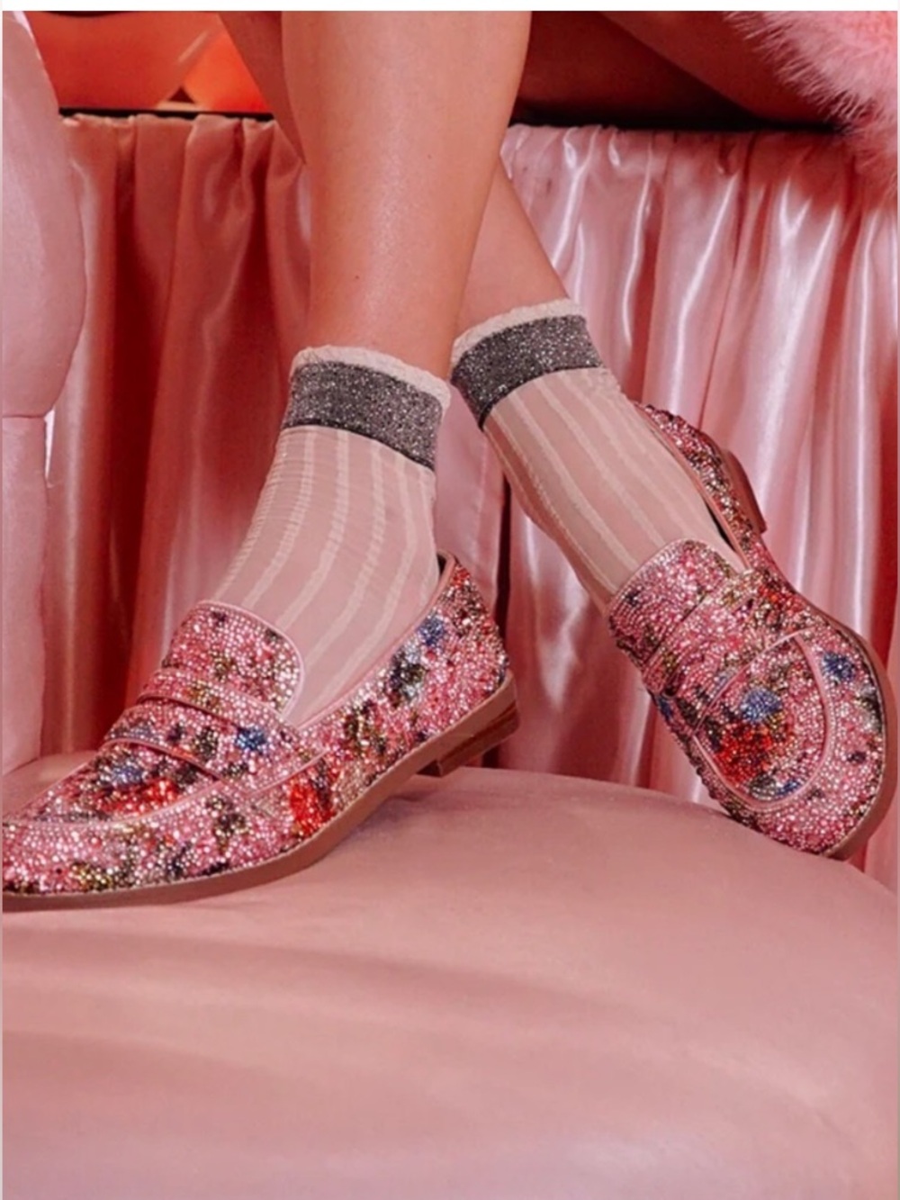Betsey Johnson Aron Floral Shimmer  Rhinestone Embellished Penny Loafers 8.5